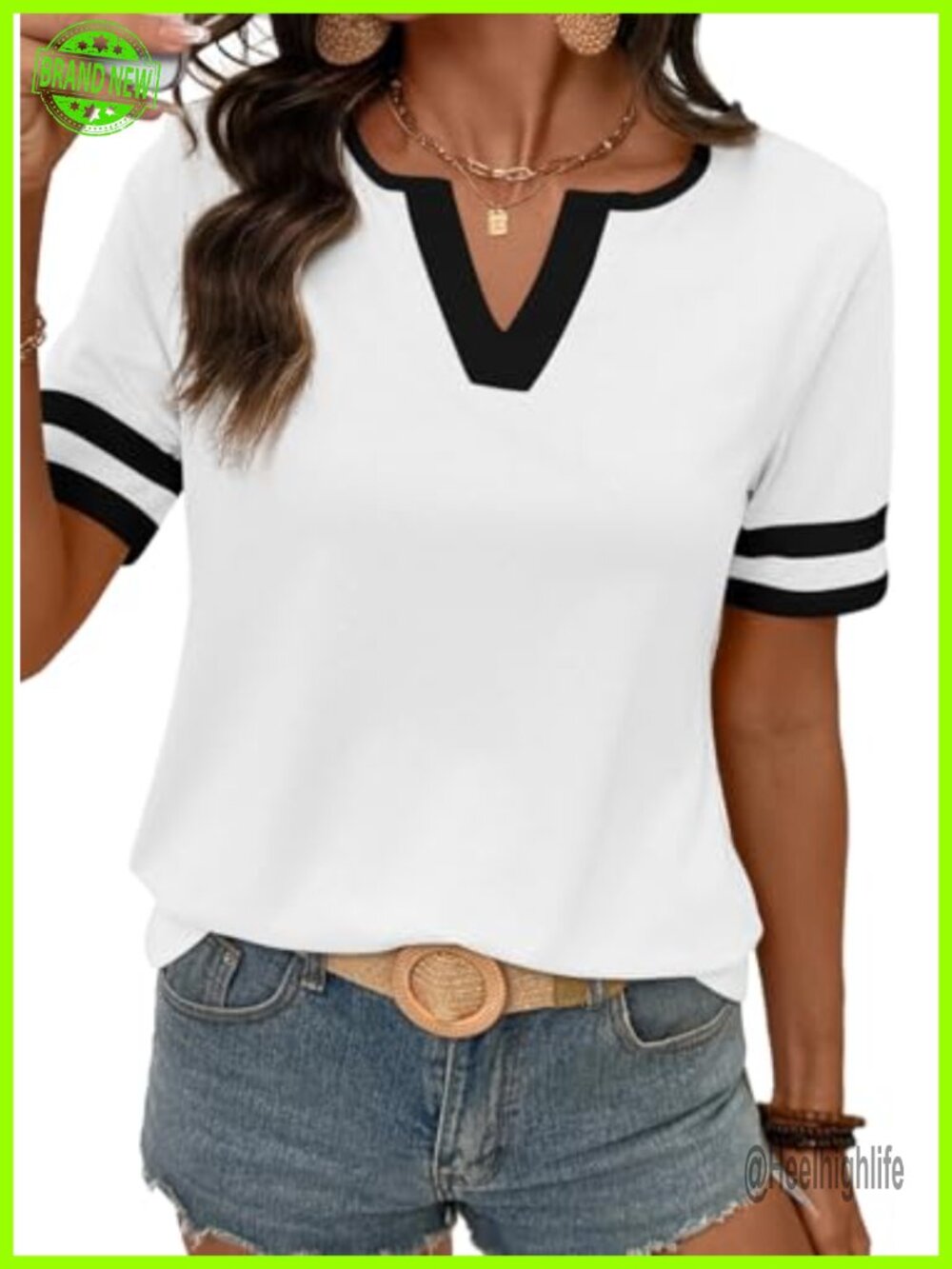Women's Cotton Blend V-Neck Colorblock Short Sleeve Summer Tee Casual Top